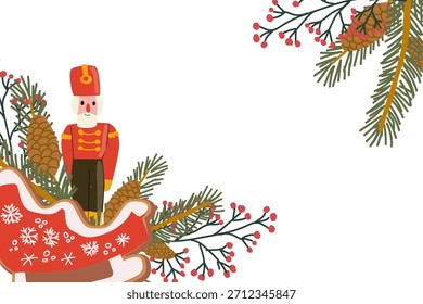 Quadro de Natal festivo com elementos botânicos, biscoitos de gengibre e ornamentos. Fronteira de férias com flores de inverno, bagas e ramos de pinho para o projeto da celebração.