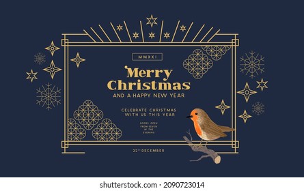 Festive Christmas Frame layout design with gold details. Winter invitation vector illustration.