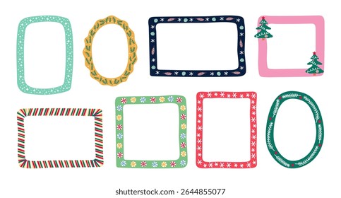 Festive Christmas frames and borders collection, hand drawn doodle style. Winter holiday season decoration for card and invitation.