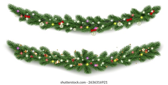 Festive Christmas garland with green pine branch swags decorated for holiday celebration - realistic evergreen needles adorned with colorful lights, red bow, golden baubles. Winter seasonal decoration