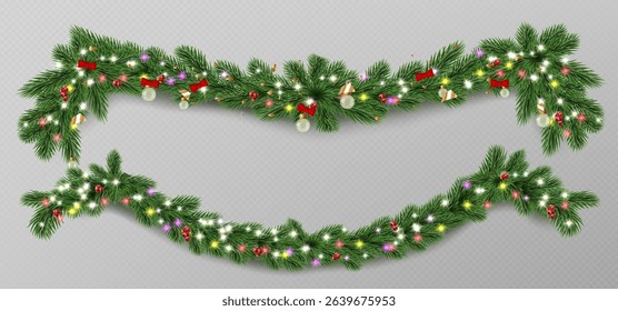 Festive Christmas garland with green pine branch swags decorated for holiday celebration - realistic evergreen needles adorned with colorful lights, red bow, golden baubles. Winter seasonal decoration