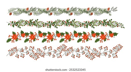 Festive Christmas garlands flat color vector objects set. Borders for invitations and greeting cards illustrations pack on white background