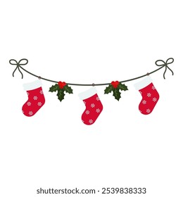 Festive Christmas Garlands with Stockings, Bells, Trees, and Gifts. New Year party lights and flags