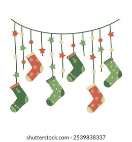 Festive Christmas Garlands with Stockings, Bells, Trees, and Gifts. New Year party lights and flags