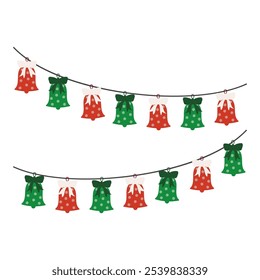 Festive Christmas Garlands with Stockings, Bells, Trees, and Gifts. New Year party lights and flags