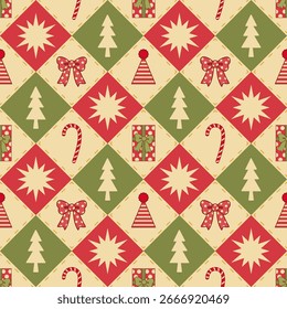 Festive Christmas Geometric Seamless Pattern with Red and Green Diamond Shape on Beige Background. Season Greetings Wallpaper.