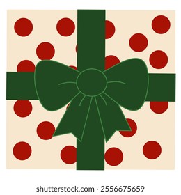 Festive Christmas Gift Box illustration. Red Dotted Present tied with Green Ribbon.