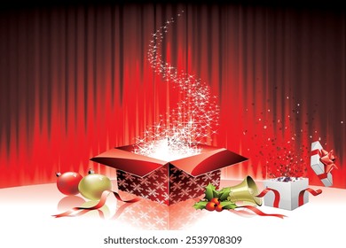 Festive Christmas gift box opening with sparkling stars and holiday decorations on a red background. Ideal for holiday cards, promotional materials, and seasonal designs.