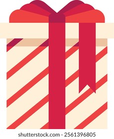 Festive christmas gift box wrapped with diagonal striped paper and decorated with a big elegant red bow, perfect for holiday celebrations and special occasions