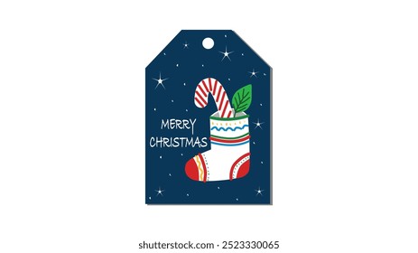 Festive Christmas gift tag illustration featuring a colorful holiday stocking, a candy cane, and a green leaf on a dark blue background with falling white stars.