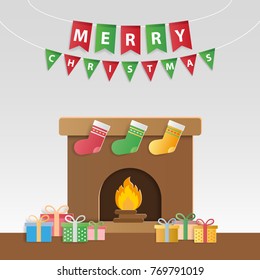 Festive christmas gifts and decorated fireplace for season's greetings and new year invitations. Paper art style. Vector illustration.