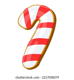 Festive Christmas gingerbread cookie in candy cane shape with icing, vector
