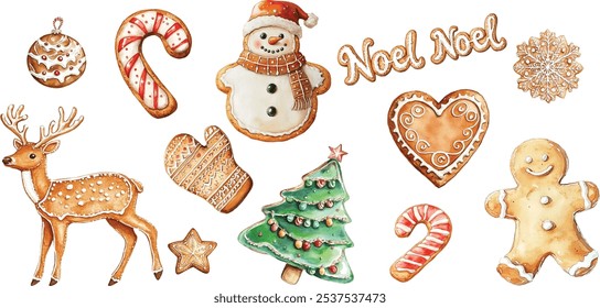 Festive Christmas gingerbread cookie set in watercolor. Hand-painted collection with seasonal shapes: gingerbread man, Christmas tree, stars, hearts, Noel, cozy house, snowflakes, candy.