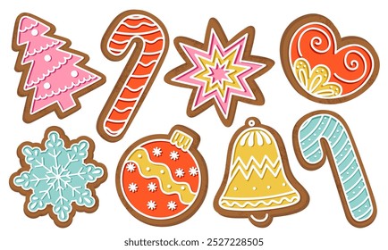 Festive Christmas gingerbread cookies with pastel glaze, including candy canes, stars, snowflakes, and holiday ornaments. Isolated on white. Perfect for christmas cards, ads, and seasonal backgrounds.