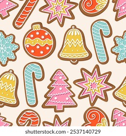 Festive Christmas gingerbread cookies with pastel glaze, including candy canes, stars, snowflakes decorated with icing. New Year seamless pattern. Season background. Holiday backdrop for wrapping.