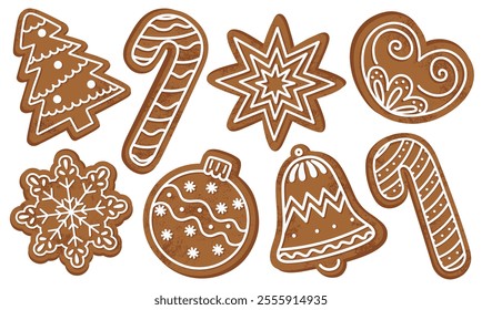 Festive Christmas gingerbread cookies with white glaze, including candy canes, stars, snowflakes, and holiday ornaments. Isolated on white. Perfect for christmas cards, ads, and seasonal backgrounds.