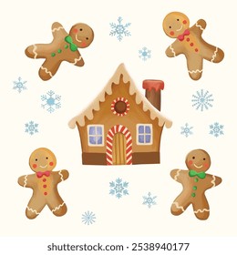Festive Christmas gingerbread man and house cookies with a snowy background of delicate snowflakes. Perfect for cozy holiday designs and seasonal decorations!