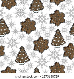 Festive Christmas gingerbread seamless pattern in the shape of a fir tree and snowflakes with white icing and gray ornate snowflakes, sweet festive pastries on a white background vector