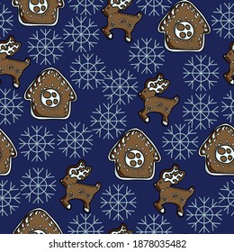 Festive Christmas gingerbread seamless pattern in the shape of a deer and a house with white icing and gray ornate snowflakes, sweet festive pastries on a dark blue background vector