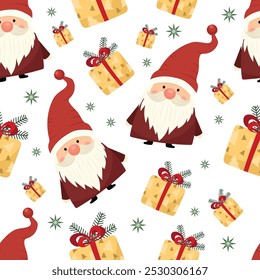 Festive Christmas gnome seamless pattern with gifts on white background. Vector gnome in seasonal cartoon Christmas joy style. For prints, Christmas book characters and comics.