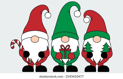 Festive Christmas Gnome Vector Illustration on Gray Background – Cute Holiday Decoration Clipart, Winter Gnome with Hat and Snowflakes for Cards, Crafts, and Decor