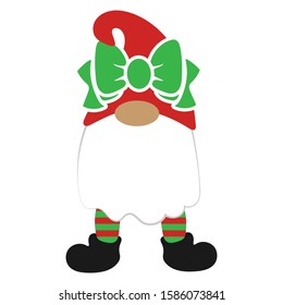 Festive Christmas gnome with a white beard and red cap. Green bow