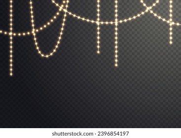 Festive Christmas gold garlands, dust, sparkle, and a star. Decorative element for greeting cards, invitations, backgrounds, business cards. Winter collection Christmas background. Light glow sparkl.
