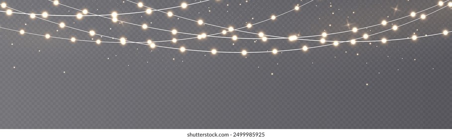 Festive Christmas gold garlands, dust, sparkle, and a star. Decorative element for greeting cards, invitations, backgrounds, business cards. Winter collection Christmas background. Light glow sparkl.