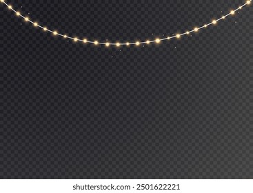 Festive Christmas gold garlands, dust, sparkle, and a star. Decorative element for greeting cards, invitations, backgrounds, business cards. Winter collection Christmas background. Light glow sparkl.