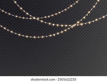 Festive Christmas gold garlands, dust, sparkle, and a star. Decorative element for greeting cards, invitations, backgrounds, business cards. Winter collection Christmas background. Light glow sparkl.