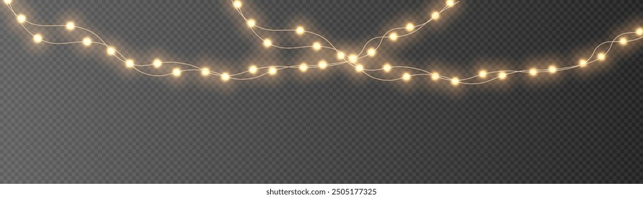 Festive Christmas gold garlands, dust, sparkle, and a star. Decorative element for greeting cards, invitations, backgrounds, business cards. Winter collection Christmas background. Light glow sparkl.