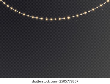 Festive Christmas gold garlands, dust, sparkle, and a star. Decorative element for greeting cards, invitations, backgrounds, business cards. Winter collection Christmas background. Light glow sparkl.
