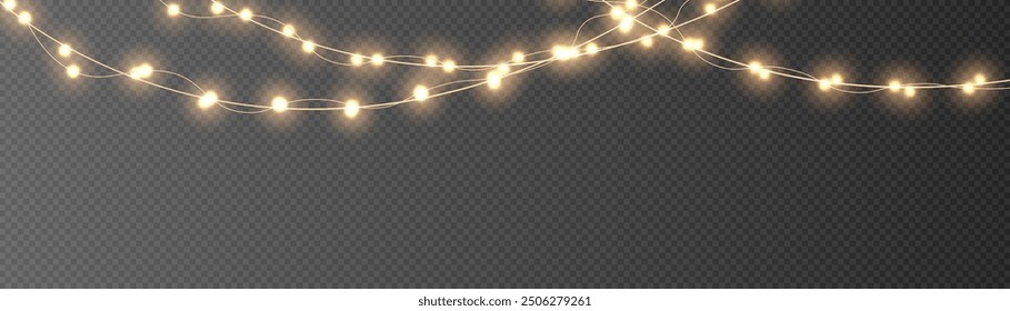 Festive Christmas gold garlands, dust, sparkle, and a star. Decorative element for greeting cards, invitations, backgrounds, business cards. Winter collection Christmas background. Light glow sparkl.