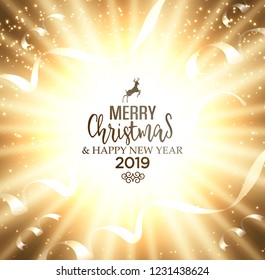 Festive Christmas golden background greeting card with glow, shiny, stars, ribbons and wishes