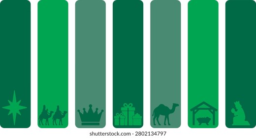 A festive Christmas graphic featuring silhouettes of the Nativity scene, the Three Wise Men, camels, gifts, and a star on a gradient green background.