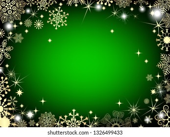 Festive Christmas green gradient mesh frame with golden snowflakes  and place for text. Vector, eps 10