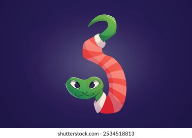 Festive Christmas green tree Snake, Character with Striped Santa Clothes. Symbol of Chinese New Year 2025. Fun and Whimsical Holiday Vector cartoon isolated Illustration in Bright Colors.