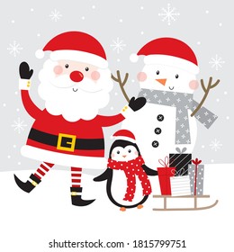 festive christmas greeting card with cute santa , snowman, and penguin design