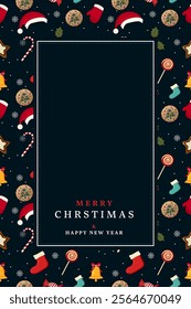 Festive Christmas greeting card with a dark background, decorated with holiday-themed illustrations like Santa hats, cookies, candy canes, and mittens.