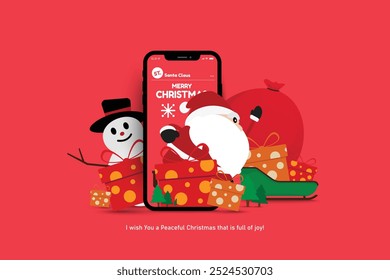 Festive Christmas greeting card featuring Santa, gifts, snowman, and holiday decorations, perfect for spreading holiday cheer and seasonal celebrations.
