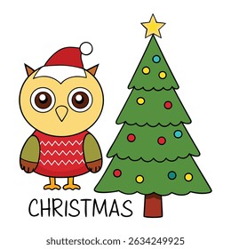 A festive Christmas greeting card featuring a cute cartoon owl wearing a Santa hat, perched on a snowy branch, surrounded by twinkling stars and holiday cheer.
