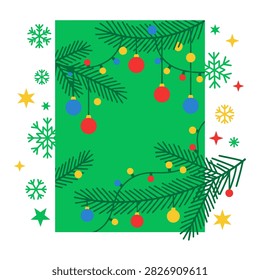 Festive christmas greeting card featuring colorful ornaments and snowflakes