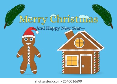 Festive Christmas greeting card with a gingerbread man, gingerbread house, and holiday decorations. Perfect for seasonal celebrations.