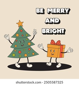 Festive Christmas greeting card. Hippy Christmas tree and gift box with ribbon bow, groovy retro style. Modern trendy Christmas card, poster, decorative print. Be Merry and bright.