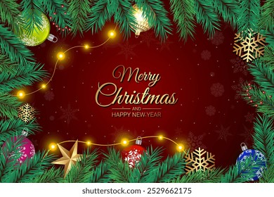 Festive Christmas greeting card with ornaments, pine branches, and glowing lights

