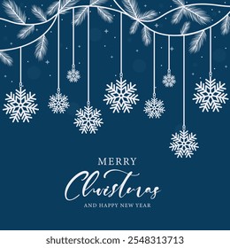 A festive Christmas greeting card with white snowflakes hanging from fir branches on a blue background, vector illustration for holiday cards, invitations, and social media posts.