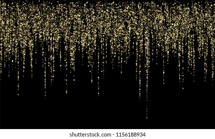 Festive Christmas hanging gold garlands vector holiday party lights background. New Year or Christmas hanging garlands lights of gold glitter confetti stars flying and falling down. Glowing texture.