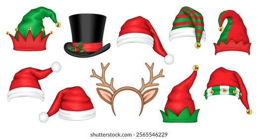 Festive Christmas hats realistic color icons set. Santa Claus elves and top hats for funny party 3d objects bundle on white background