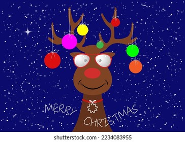 Festive Christmas hipster reindeer wearing Christmas tree with decorative colorful balls on his horns. Holiday theme for children, vector character flat design cartoon isolated on snowy background