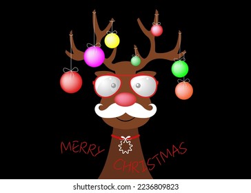 Festive Christmas hipster reindeer wearing Christmas tree with decorative colorful balls on his horns. Holiday theme for children, vector character flat design cartoon isolated on black background